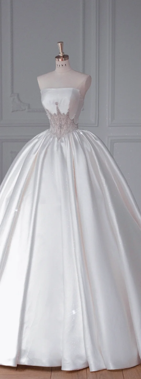 White Tube Top Fitted-Waist Satin Puffy Hem Gown / Bridal Gown R5899