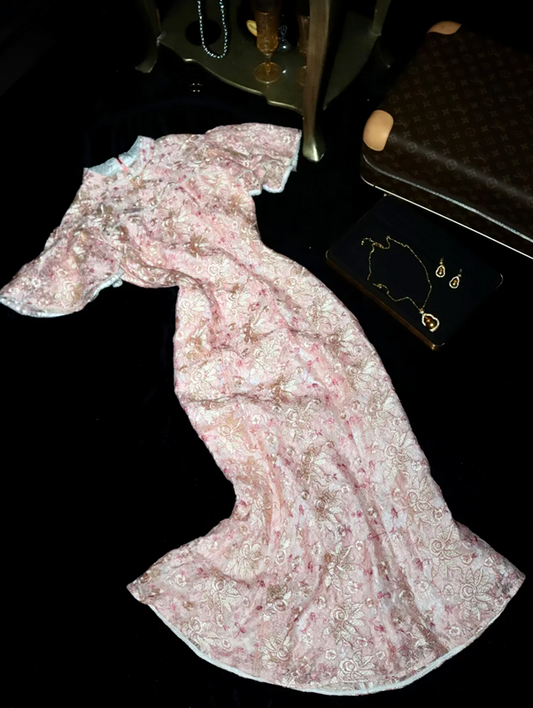 Pink floral print fitted midi ball gown R6858