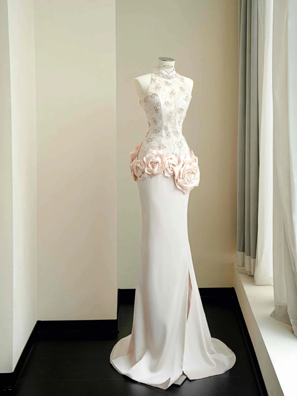 Pink sleeveless waist elegant long dress, prom dress R5628