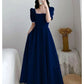 Blue puff sleeves, slim waist, A-line skirt, elegant dress, prom dress R5389