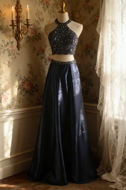 Navy blue halter neck beaded sexy top and long skirt set for a prom dress R6699