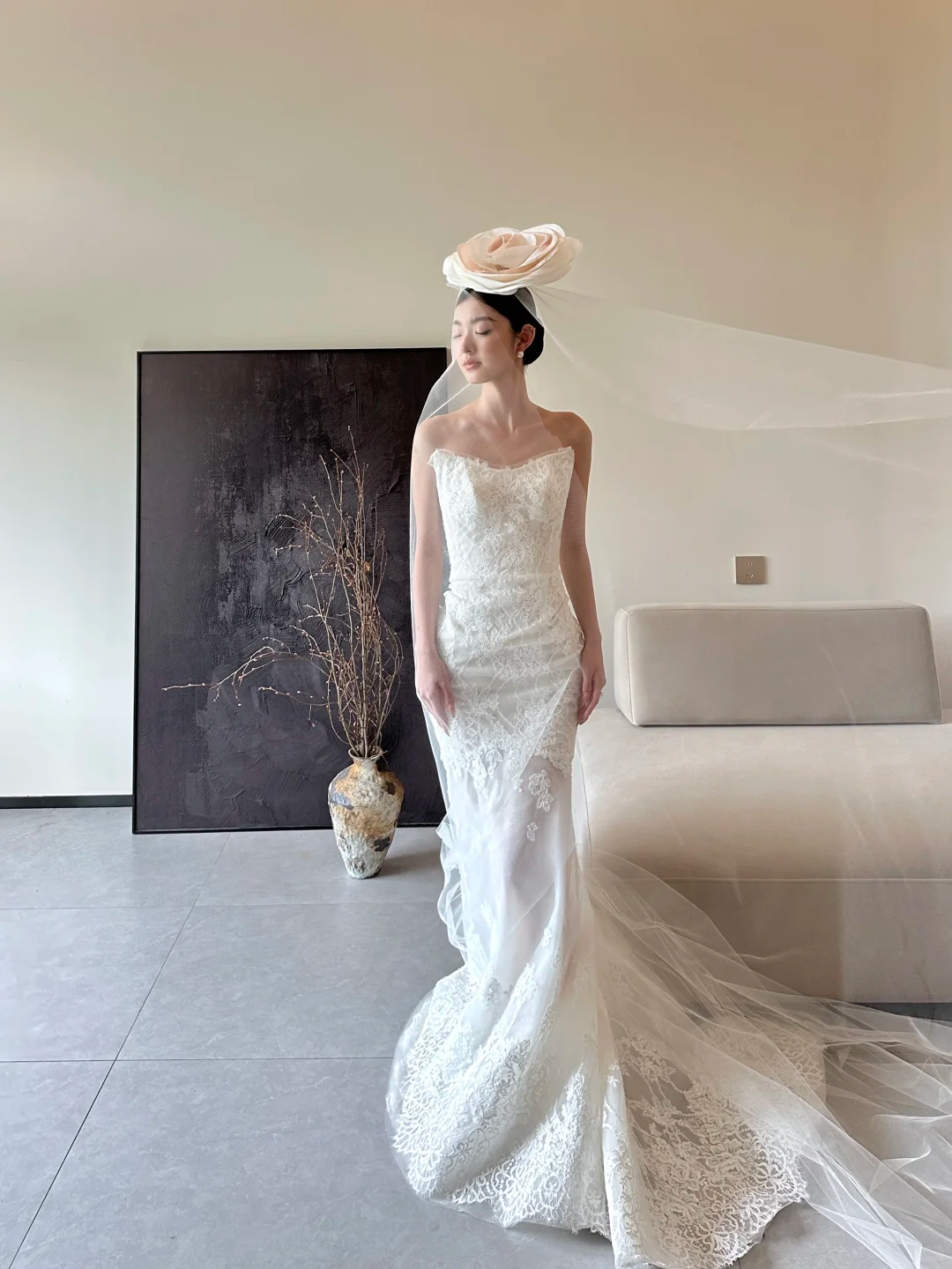 White tube top lace waist slim fit temperament fishtail sexy long dress bridal gown R6060