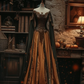 Dark green off-shoulder fitted waist slim-fitting long orange ball gown R8125