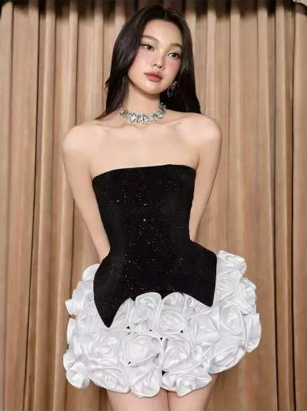 Black tube top waist sequin hip sexy flower skirt short skirt homecoming dress R4845