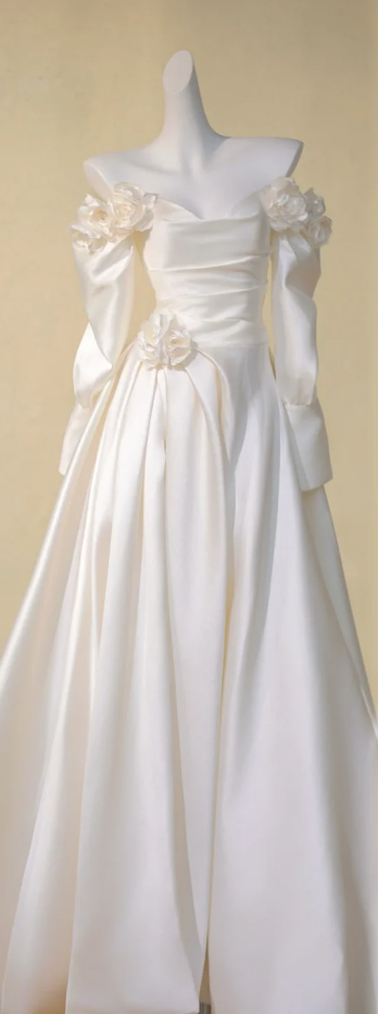 White one-shoulder elegant slim satin A-line maxi bridal dress R5823