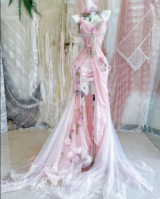 Pink halter neck 3D flower waist slim fit irregular skirt dress, prom dress R5302