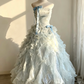 Light gray-blue strapless, fitted waist, full skirt, long ball gown R9045