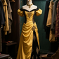 Gold puff sleeves one shoulder slim waist sexy long dress ball gown R6078