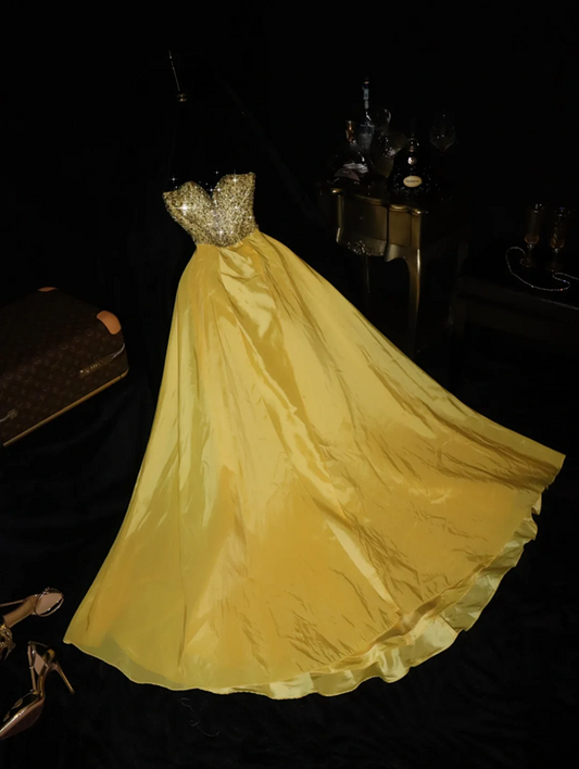 Yellow strapless fitted waist elegant princess long ball gown R7018