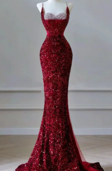Red sequined halter-neck fitted mermaid long ball gown R6459