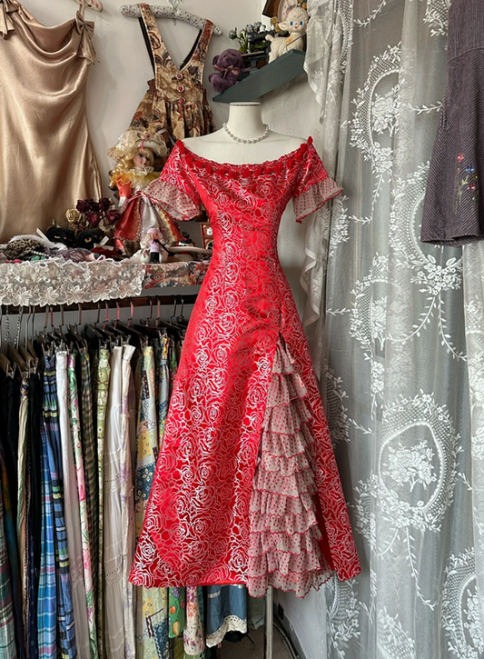 Red retro floral short-sleeved fitted A-line midi ball gown R6379