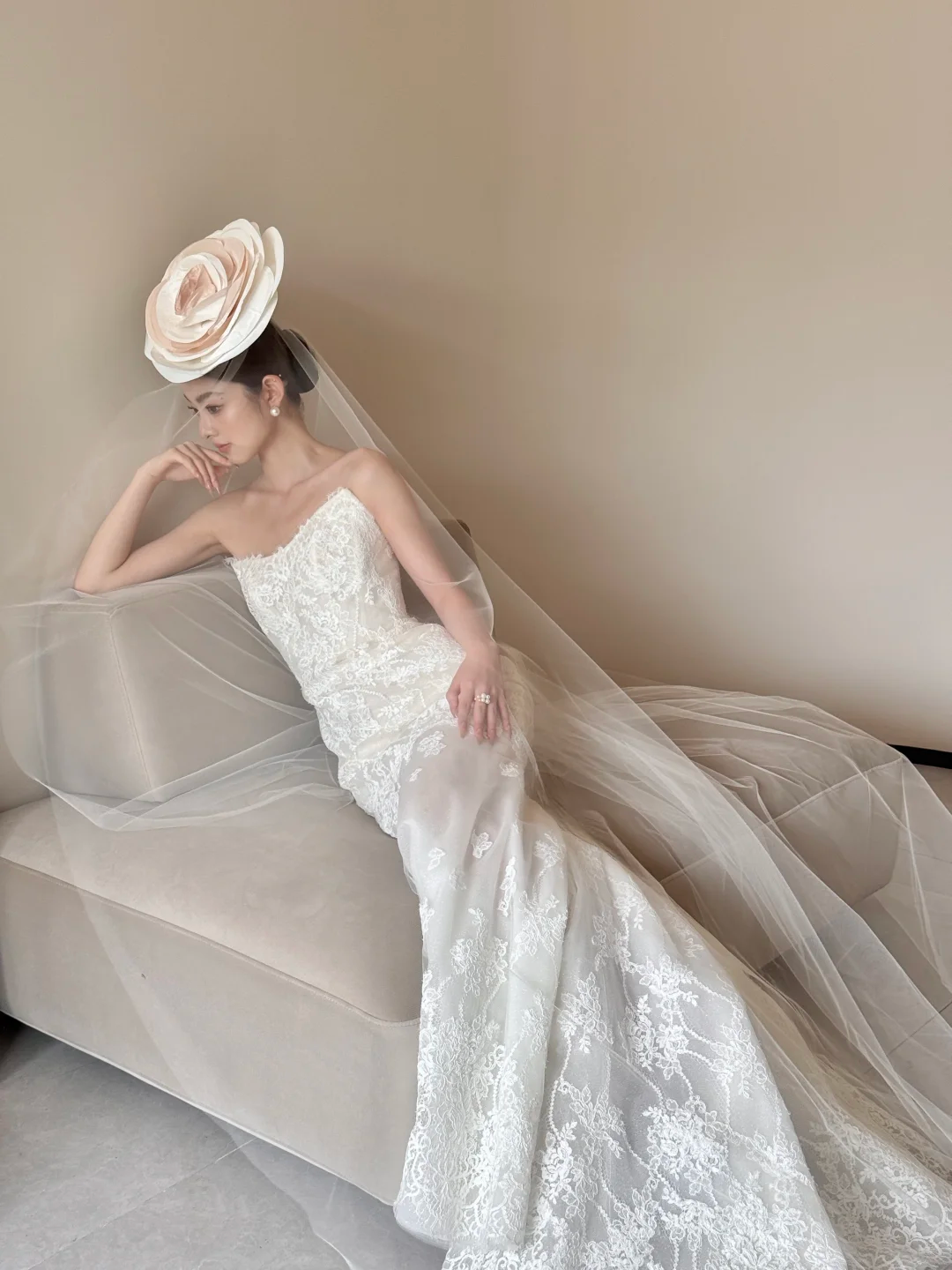 White tube top lace waist slim fit temperament fishtail sexy long dress bridal gown R6060