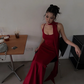 Red halter-neck fitted long sexy ball gown R8865