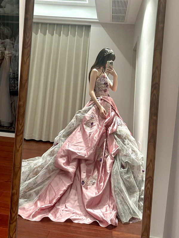 Light pink strapless fitted waist slim-fitting ball gown/bridal dress R8622