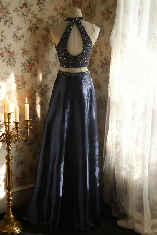 Navy blue halter neck beaded sexy top and long skirt set for a prom dress R6699