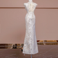 Light champagne-colored sleeveless, fitted ball gown/bridal dress with a Chinese neckline R8346