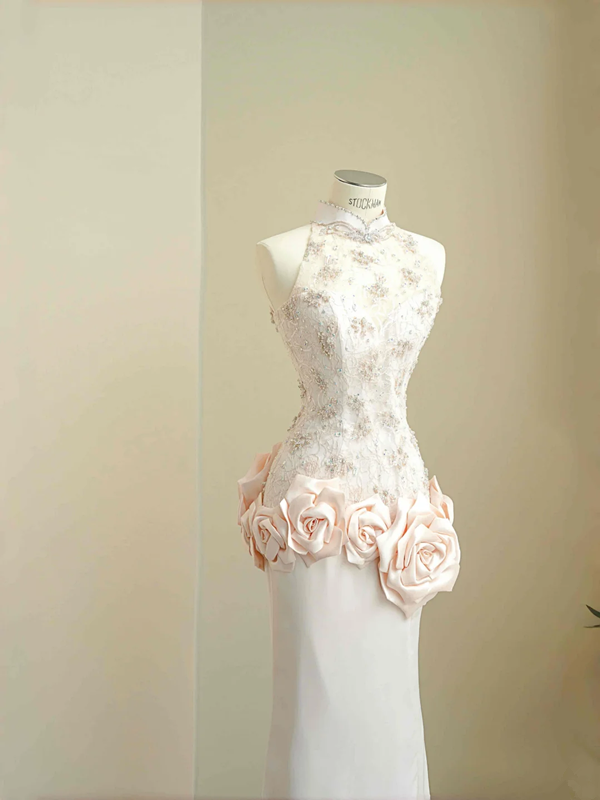 Pink sleeveless waist elegant long dress, prom dress R5628