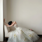 Light off‑white spaghetti‑strap waist‑cinched slim‑fit elegant long prom gown R8004