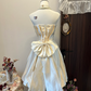 White strapless satin pleated waist slim bow design short skirt homecoming dress R4277