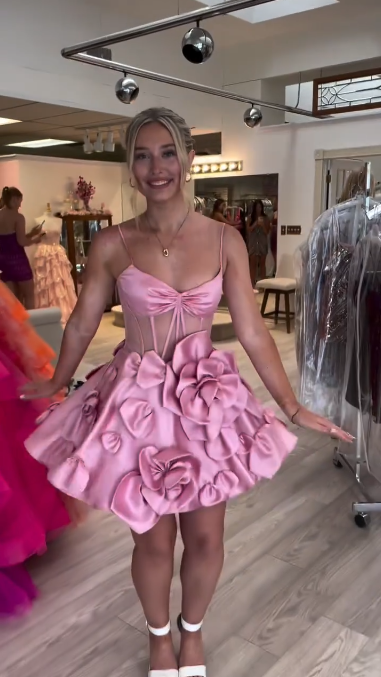 Pink suspender waist slim three-dimensional flower skirt homecoming dress R5468