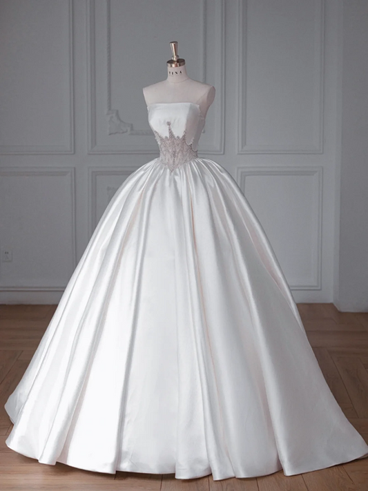 White Tube Top Fitted-Waist Satin Puffy Hem Gown / Bridal Gown R5899