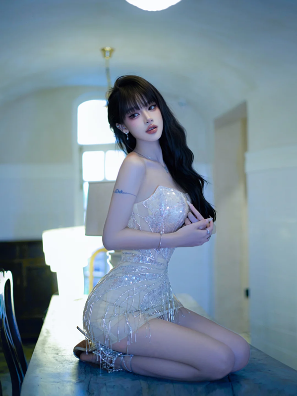 Apricot Strapless Silver-Sequin Waist-Cinched Fitted Bodycon Sexy Short Prom Dress R7098