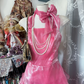 Pink halter neck waist satin cake skirt slim maxi ball gown R6139
