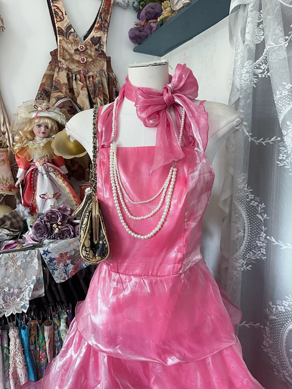 Pink halter neck waist satin cake skirt slim maxi ball gown R6139