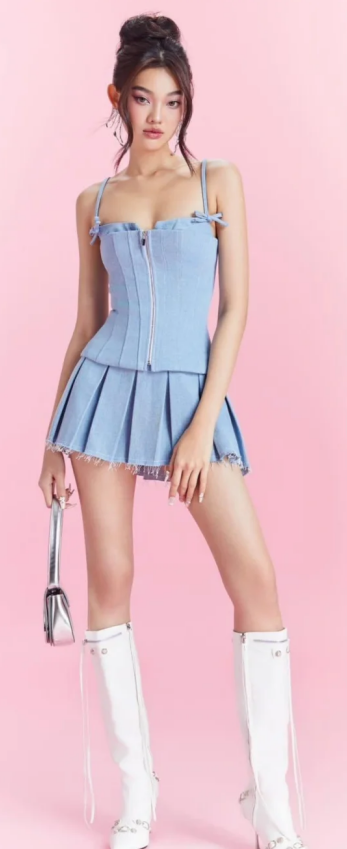 Blue suspender waist slim top A-line short pleated skirt dress suit homecoming dress R4886