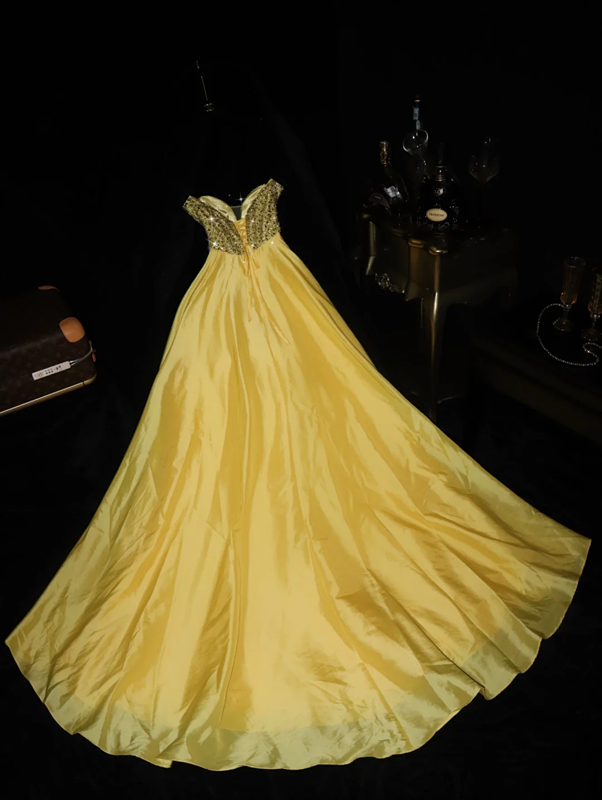 Yellow strapless fitted waist elegant princess long ball gown R7018