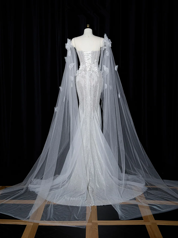 Light silver strapless, fitted waist, bodycon sexy long ball gown, bridal dress R8955