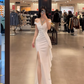 White off-the-shoulder waist-cinching slim-fit bodycon sexy slit-hem prom dress R7925