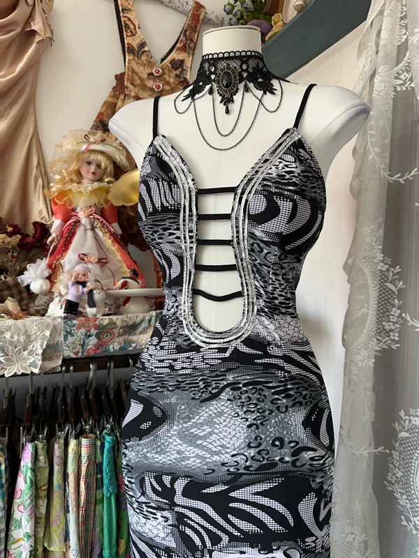 Black and white floral halter-neck fitted bodycon fishtail maxi dress, prom dress R6299