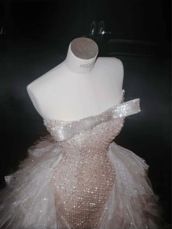 Pink sequined tube top sexy long skirt with waist, prom dress R5664