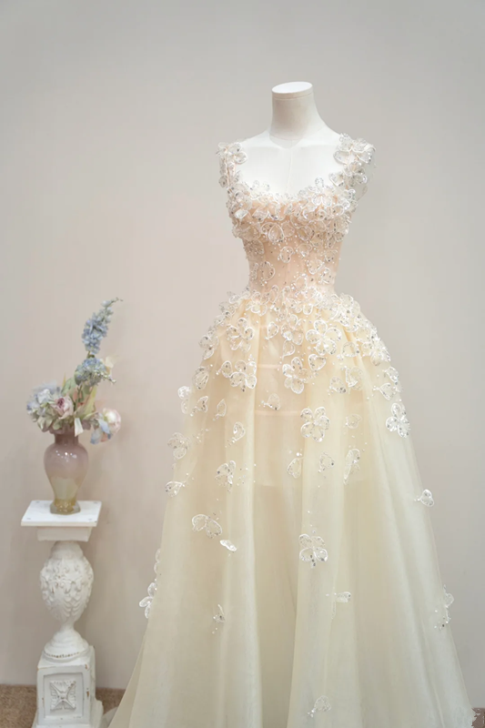 Light apricot halter-neck fitted long ball gown, bridal dress R8895