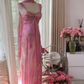 Light pink tie-dye halter-neck fitted backless sexy long ball gown R7765