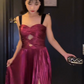 Purple-red halter-neck, fitted waist, pleated, slit sexy ball gown R6418