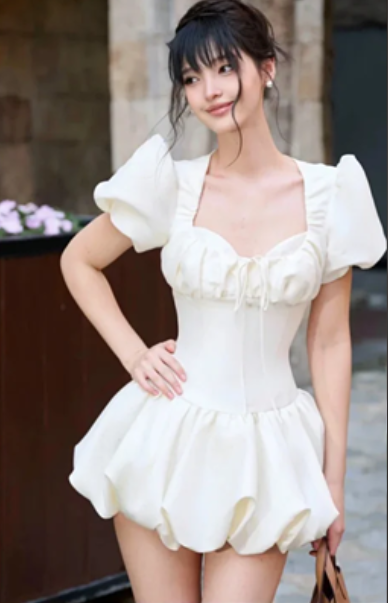 White puff sleeves, square neck, slim waist, bud skirt, short skirt for homecoming dress R4479