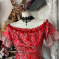 Red retro floral short-sleeved fitted A-line midi ball gown R6379