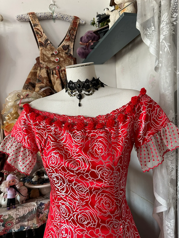 Red retro floral short-sleeved fitted A-line midi ball gown R6379