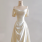 Light apricot off-the-shoulder, fitted waist, A-line skirt, long ball gown R8173