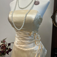 Champagne-colored tube-top waisted pleated satin high-end mid-length skirt homecoming dress R4317
