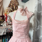 Pink halter-neck, fitted A-line mini skirt, prom dress R6259