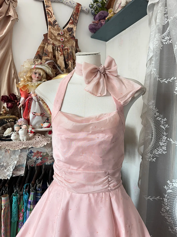 Pink halter-neck, fitted A-line mini skirt, prom dress R6259