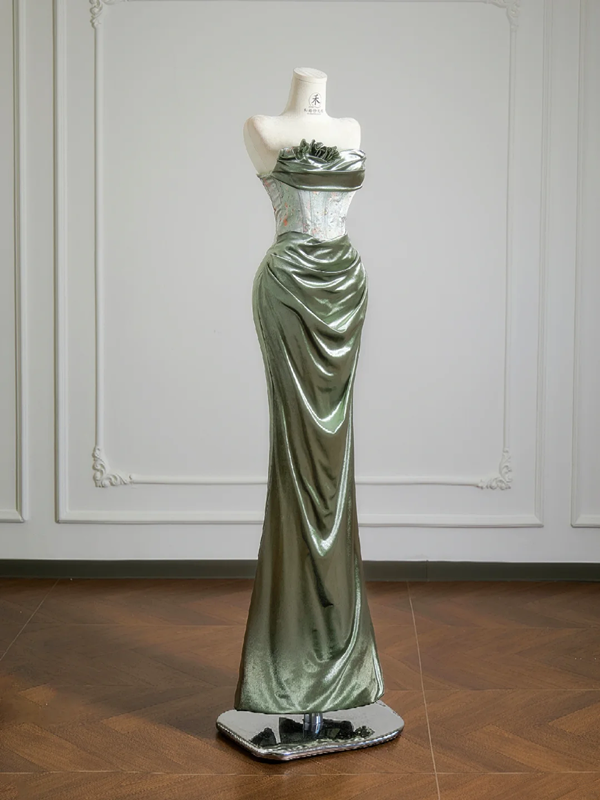 Gray-green strapless fitted waist bodycon long ball gown R8152