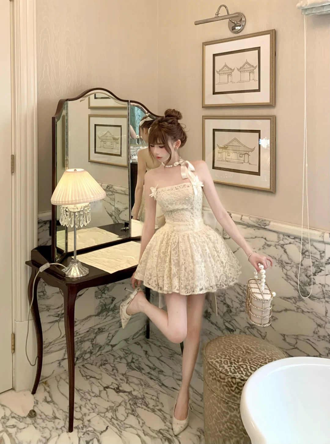 White tube top lace waist slim fit sexy puffy big skirt short skirt homecoming dress R4235