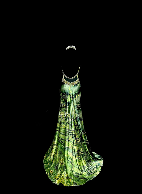 Green halter neck, fitted waist, revealing hips, sexy long ball gown R6659