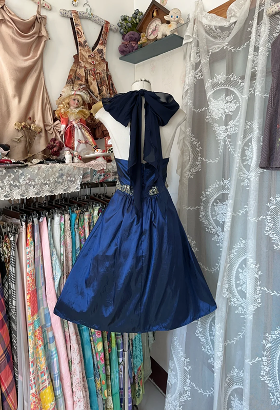 Blue satin open back slim elegant short dress, ball gown R6220
