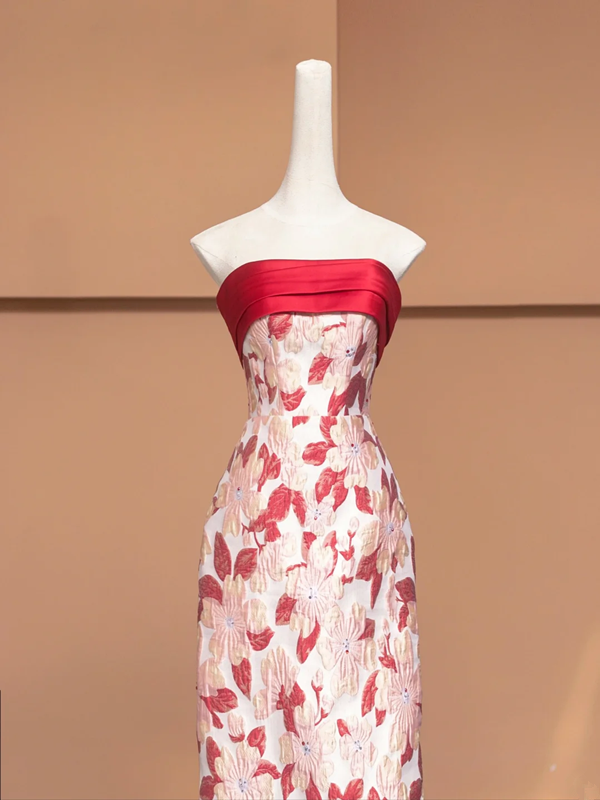 Red strapless floral print fitted long ball gown/bridal dress R8494