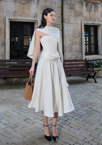 White satin tube top waist slimming design skirt mid-length skirt homecoming dress R4397